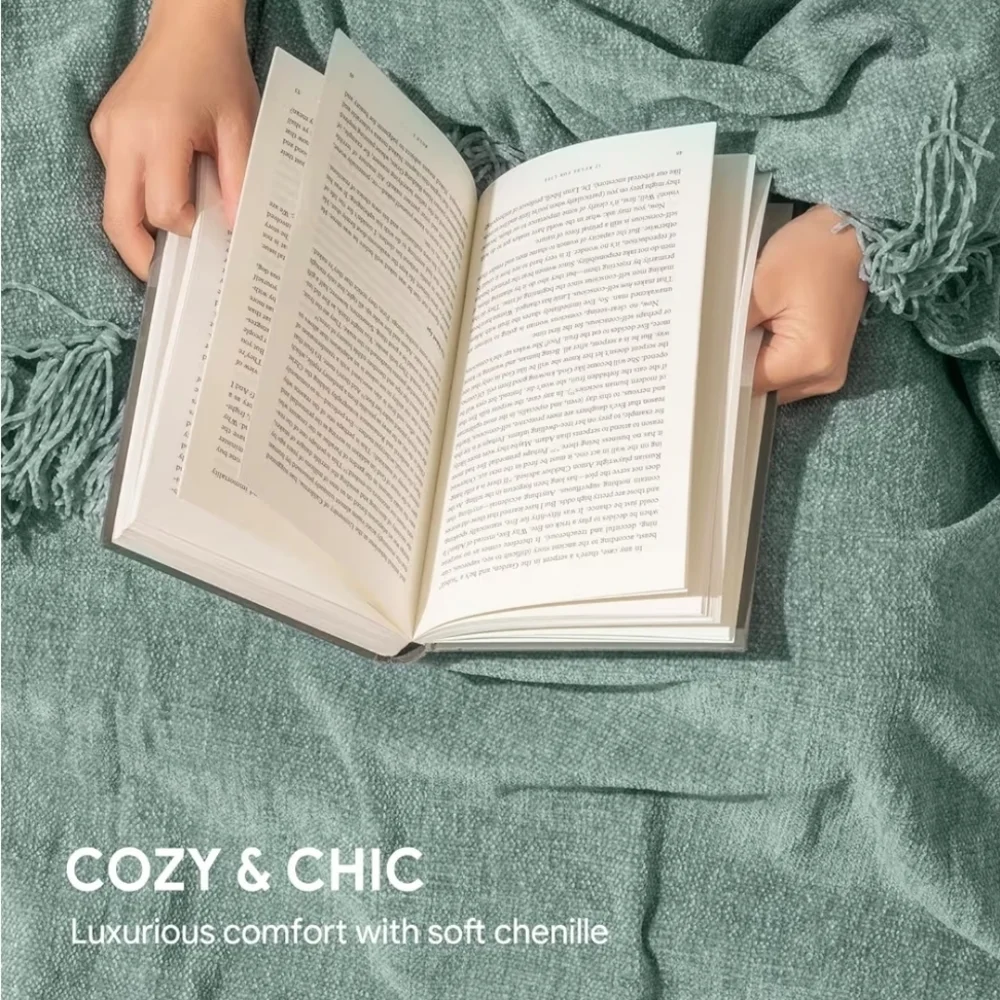 RECYCYO Chenille Throw Blanket 60x80 Sage Green Fringe Tassel Soft Cozy NEW
